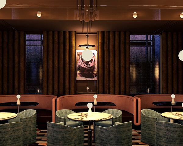 Brasserie Margot, a French brasserie with a midcentury aesthetic, will open Dec. 9 in the Four Seasons Hotel Atlanta. (Rendering courtesy of Smith Hanes Studio)
