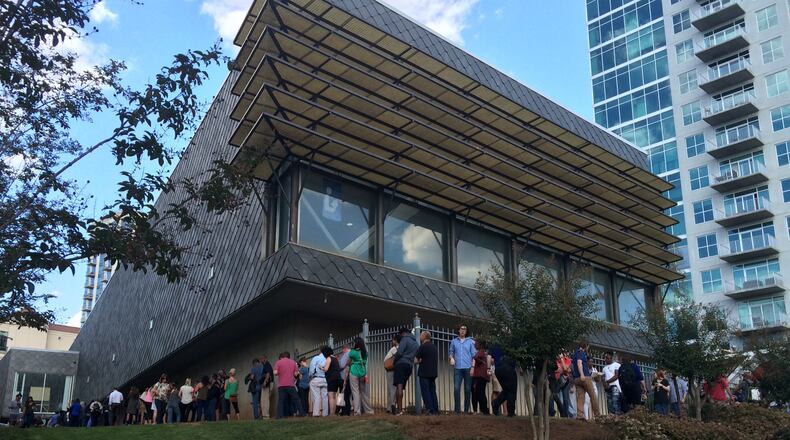Long lines of voters wait Friday, Nov. 4, 2016, at Buckhead Library on the last day of early voting before the presidential election. Estimated vote wait time was 90 min to 2 hours in the afternoon. credit: Ligaya Figueras