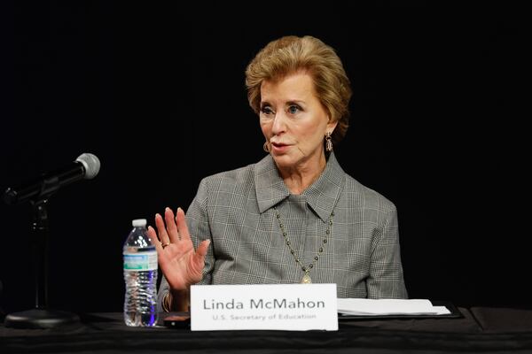 U.S. Education Secretary Linda McMahon appears on a panel during a visit to Central Education Center in Newnan on Friday, Jan. 16, 2026, as part of the Education Department’s “Returning Education to the States Tour.” (Arvin Temkar/AJC)