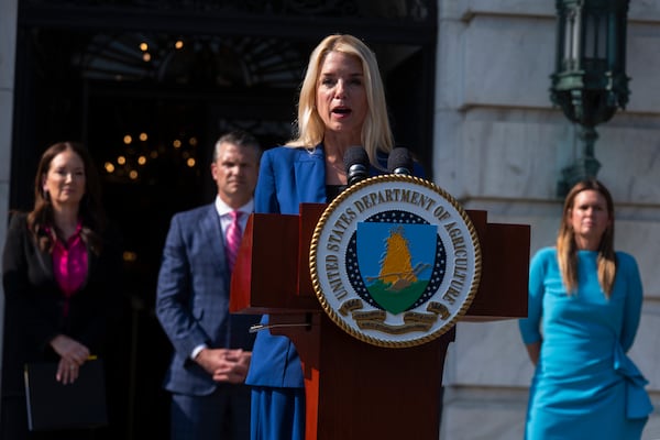 Attorney General Pam Bondi, front, with Agriculture Secretary Brooke Rollins, back left to right, Secretary of Defense Pete Hegseth and Arkansas Gov. Sarah Huckabee Sanders, speaks during a news conference at the Department of Agriculture to rollout the USDA'S National Farm Security Action Plan and discuss actions being taken to protect American agriculture from foreign threats in Washington, Tuesday, July 8, 2025. (AP Photo/Manuel Balce Ceneta)