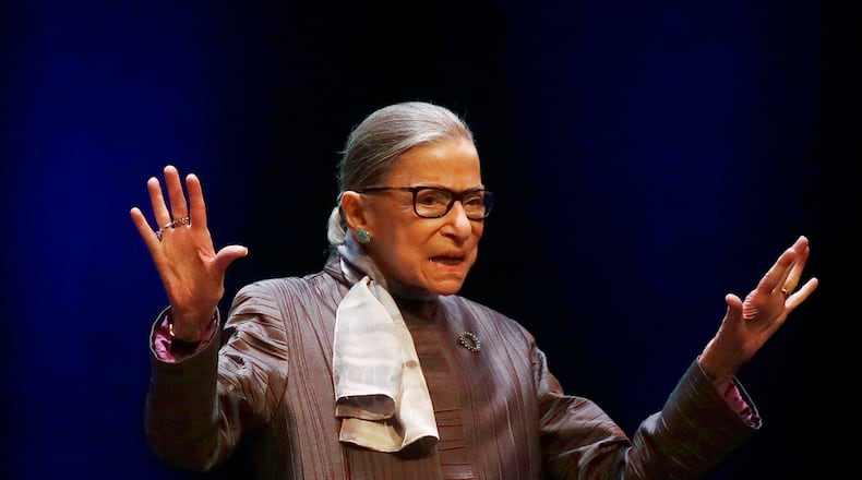 FILE - In this Monday, Oct. 21, 2019, file photo, U.S. Supreme Court Justice Ruth Bader Ginsburg speaks during the inaugural Herma Hill Kay Memorial Lecture at the University of California at Berkeley, in Berkeley, California. She died September 18, 2020 of metastatic pancreatic cancer at age 87. . (AP Photo/Jeff Chiu, File)