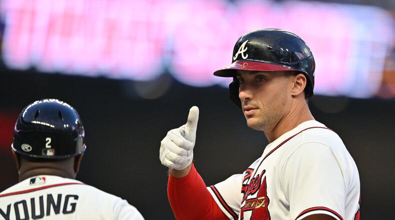 Braves first baseman Matt Olson (28) reacts after hitting a single during the first inning at Truist Park, Tuesday, September 19, 2023, in Atlanta. (Hyosub Shin / Hyosub.Shin@ajc.com)