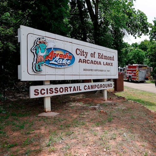 Edmond fire crews enter Scissortail Campground at Arcadia Lake in Edmond, Okla. on Monday, May 4, 2026 after a party shooting on Sunday evening. (AP Photo/Alonzo Adams)