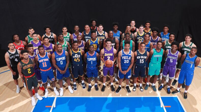 The NBA held a photo shoot for rookies on Friday. Hawks rookies Tyler Dorsey (front row, far left) and John Collins (third row, middle) wore the team's new uniforms produced by Nike. (Photo NBA Twitter)