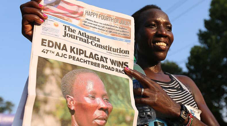 Edna Kiplagat is the first female finisher winning the 47th running of the AJC Peachtree Road Race at Piedmont Park on Monday, July 4, 2016, in Atlanta.