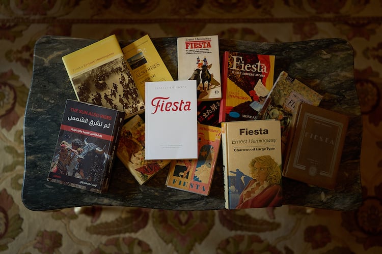 Books by Ernest Hemingway are photographed in the Ernest Hemingway Suite at the Gran Hotel La Perla in Pamplona, northern Spain, Thursday, July 2, 2026. (AP Photo/Miguel Oses)