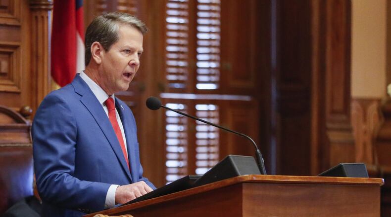 Republican Gov. Brian Kemp rarely touched on issues that appealed directly to his party’s base Thursday during his State of the State address. He focused more on widely approved subjects, with a call for a teacher pay raise and a pledge to crack down on gang violence. Bob Andres / bandres@ajc.com