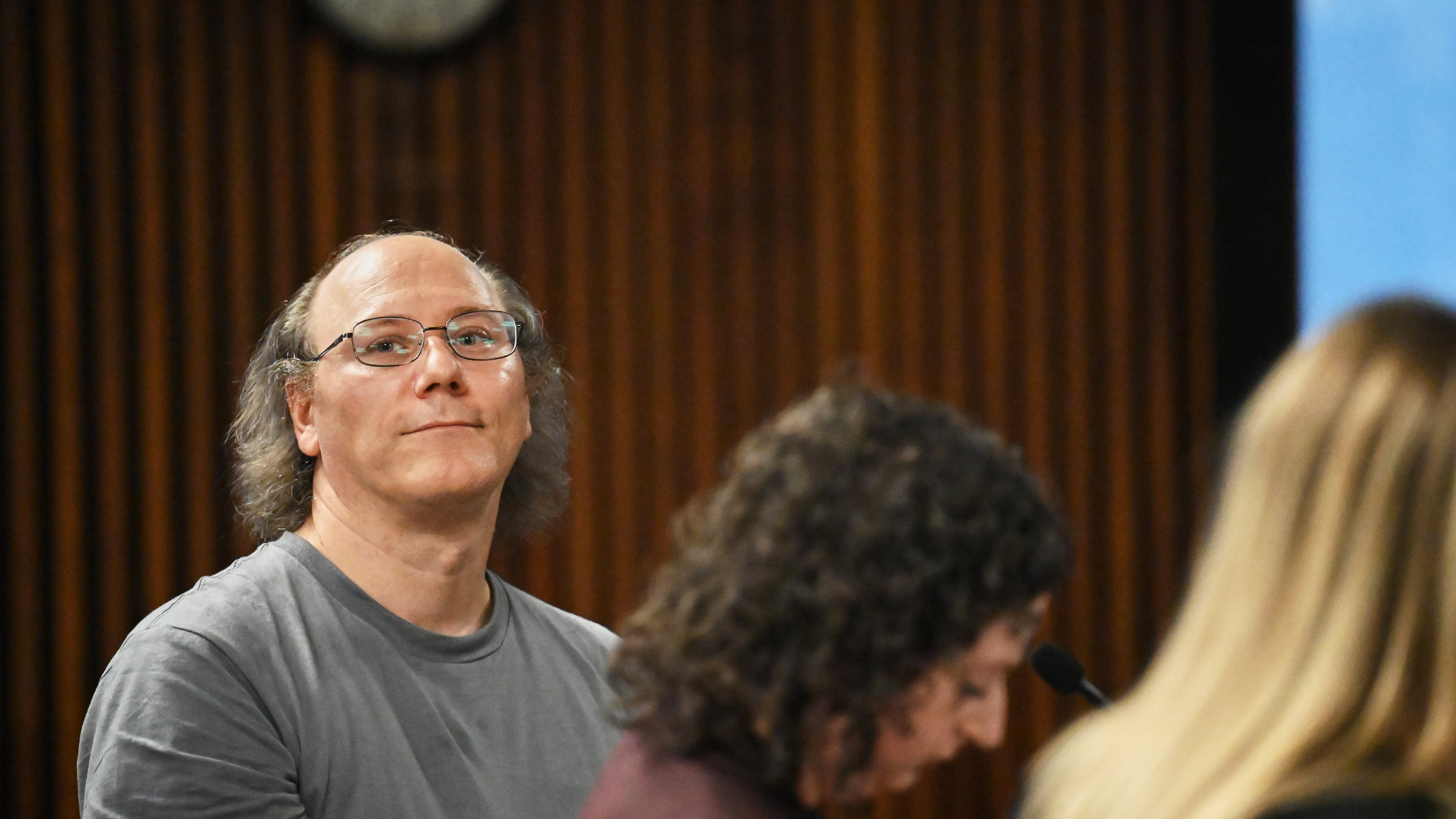 Lorenz Kraus, a 53-year-old man who was arrested for murder after telling a television news anchor that he killed his parents, is arraigned before Judge Joshua Farrell on Friday, Sept. 26, 2025, at Albany City Court in Albany, N.Y. (Will Waldron/The Albany Times Union via AP)