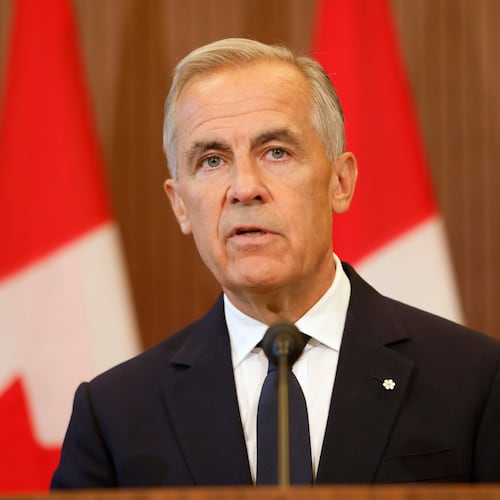 Prime Minister Mark Carney speaks about Canada's response to new U.S. tariffs during a news conference on Parliament Hill in Ottawa on Saturday, Aug. 22, 2026. (Patrick Doyle/The Canadian Press via AP)