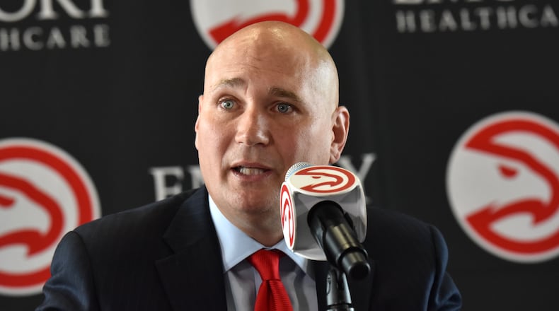 June 2, 2017 Atlanta - New Hawks GM Travis Schlenk speaks during the press conference to officially introduce new general manager Travis Schlenk at Philips Arena on Friday, June 2, 2017. HYOSUB SHIN / HSHIN@AJC.COM