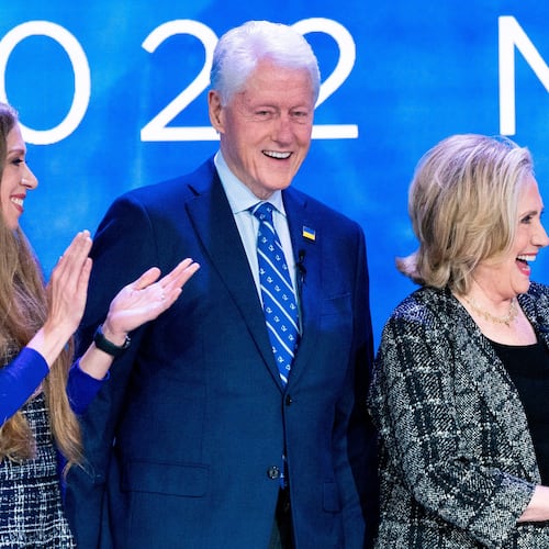 FILE - Chelsea, Bill and Hillary Clinton at the Clinton Global Initiative, Tuesday, Sept. 20, 2022, in New York. (AP Photo/Julia Nikhinson, File)
