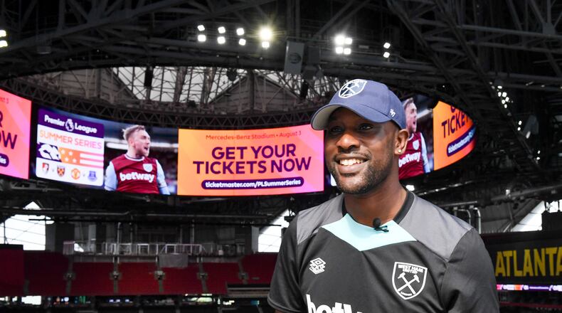 Former West Ham player Carlton Cole visited Mercedes-Benz Stadium on Friday to promote the team's upcoming friendly against Bournemouth.