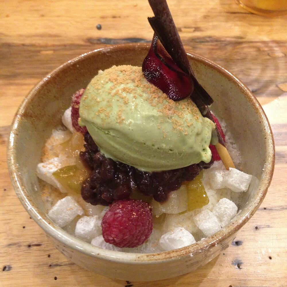 Bingsu, with green tea ice cream and red azuki beans