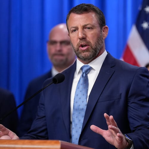 Homeland Security Secretary Markwayne Mullin speaks during a news conference on unaccompanied children at the Justice Department Thursday, June 11, 2026, in Washington. (AP Photo/Manuel Balce Ceneta)