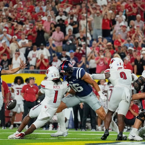 Mississippi kicker Lucas Carneiro (17) kicks the game winning field goal during the second half of an NCAA college football game against Louisville, Sunday, Sept. 6, 2026, in Nashville, Tenn. (AP Photo/George Walker IV)