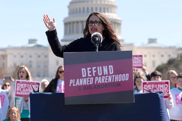 Kristan Hawkins, president of Students for Life of America, speaks during an anti-abortion rally on Capitol Hill in Washington, Thursday, March 27, 2025. (AP Photo/Jose Luis Magana)