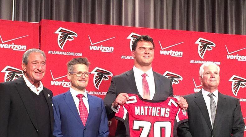 The Falcons are getting first-round pick Jake Matthews ready to start at right tackle. (Associated Press/Jason Getz)