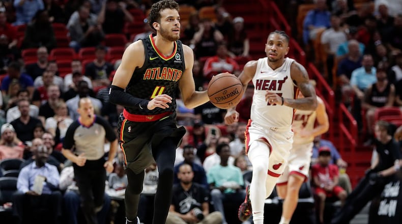 Atlanta Hawks guard R.J. Hunter (4) dribbles during an exhibition NBA game against the Miami Heat, Friday, Oct. 12, 2018, in Miami. (AP Photo/Lynne Sladky)