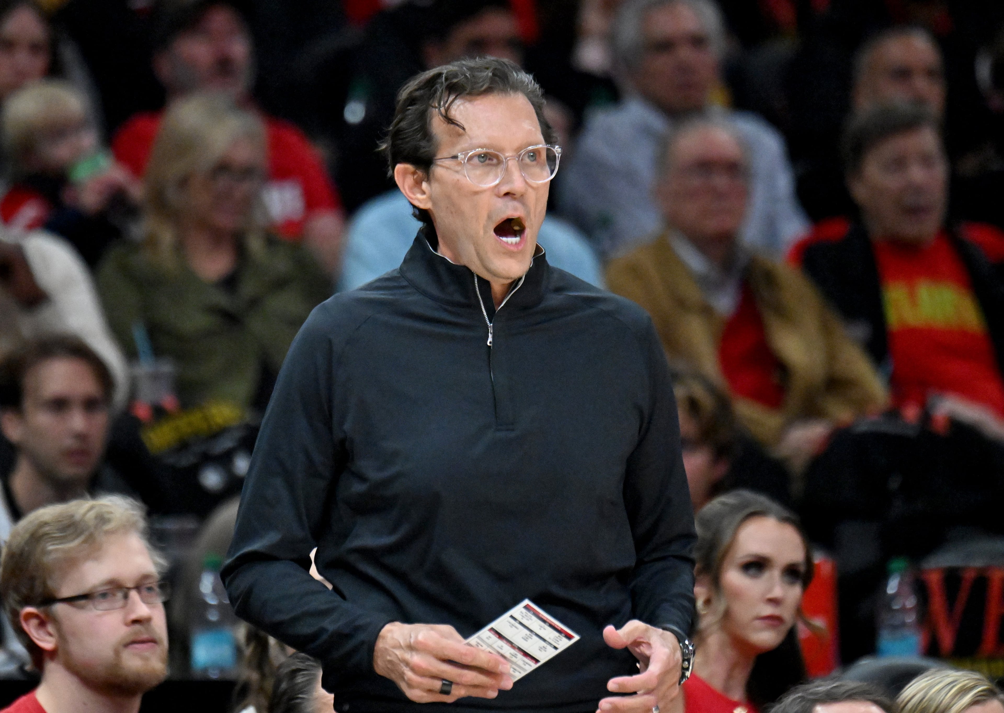 Atlanta Hawks Head Coach Quin Snyder shouts instrucitons during the first half in the home opener at State Farm Arena, Thursday, October 22, 2025, in Atlanta. (Hyosub Shin / AJC)