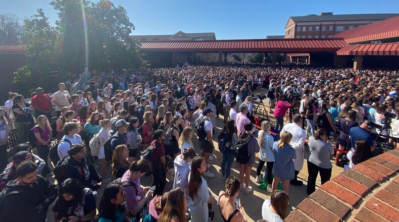Students from the University of Georgia and Augusta State University nursing program filled the Tate Plaza on UGA's campus to honor and remember Laken Riley after she was killed on campus in February. The tribute was also for another student who died the same day. Police said there was no foul play in the second death.
