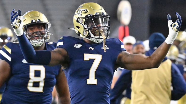Georgia Tech'defensive back Zamari Walton (7) celebrates during the first half of an NCAA college football game at Georgia Tech's Bobby Dodd Stadium in Atlanta on Thursday, October 20, 2022. (Hyosub Shin / Hyosub.Shin@ajc.com)