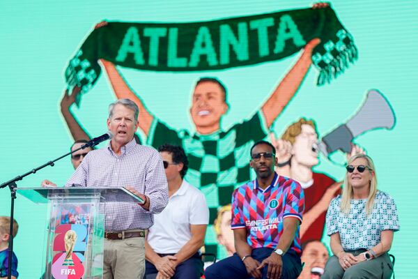 Gov. Brian Kemp spoke to World Cup fans as the city officially launched the FIFA Atlanta Fan Festival at Centennial Olympic Park last week. (Miguel Martinez/AJC)