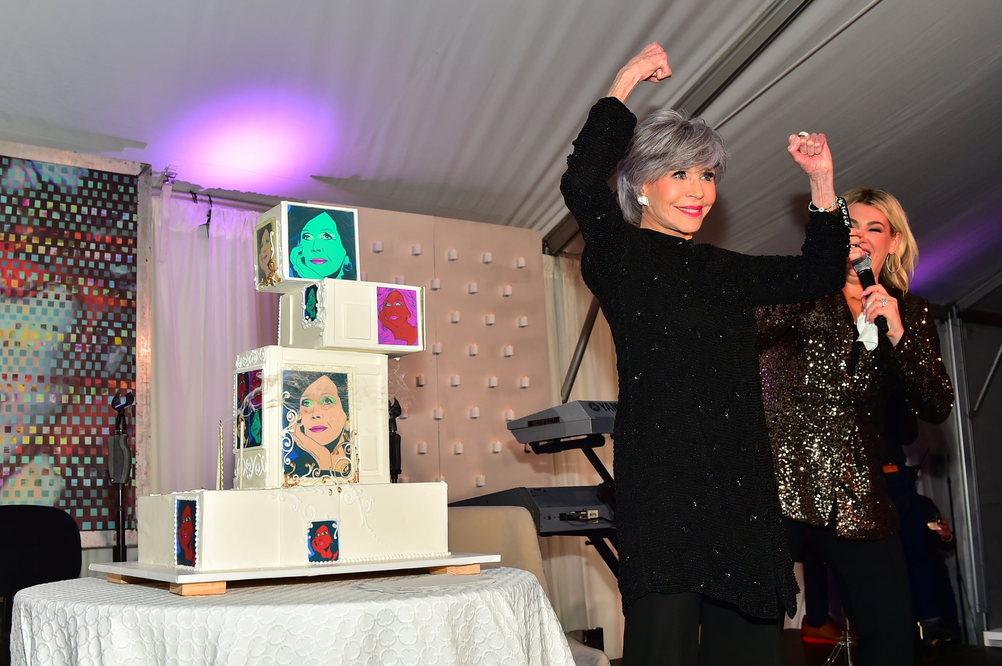 Heather McMahan and Jane Fonda speak onstage at Jane Fonda's 85th Birthday, a benefit for Georgia Campaign for Adolescent Power & Potential (GCAPP) on Nov. 10, 2022 in Atlanta, Georgia. (Moses Robinson/Getty Images for GCAPP)