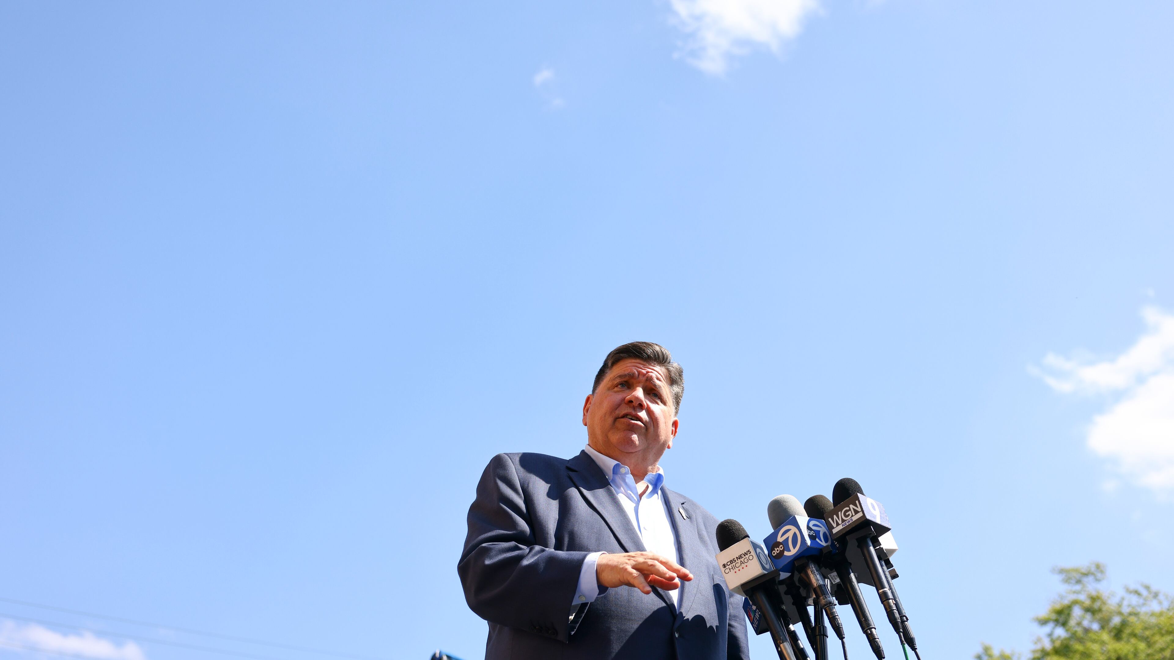 Gov. JB Pritzker speaks with reporters after visiting Prairie Oak Elementary School in Berwyn, Ill., Thursday, Sept. 4, 2025. (Anthony Vazquez/Chicago Sun-Times via AP, Pool)
