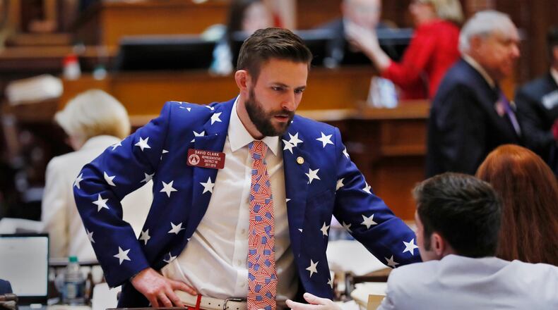 Rep. David Clark, R - Buford, has worn patriotic colors on all of his past Sine Die sessions. Thursday was the 40th and final day of the 2018 General Assembly. BOB ANDRES /BANDRES@AJC.COM