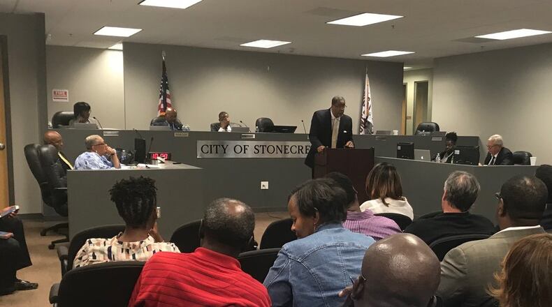 Stonecrest Mayor Jason Lary speaks during a 2018 City Council meeting. TIA MITCHELL/TIA.MITCHELL@AJC.COM