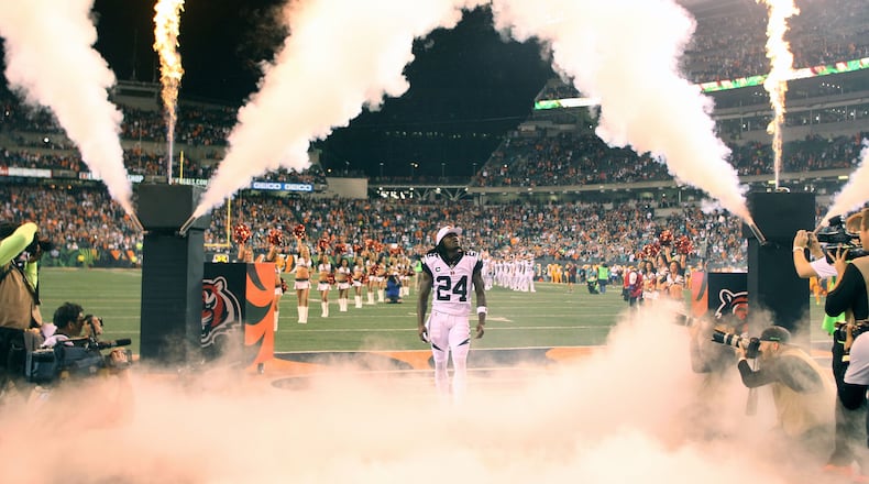 Bengals cornerback Adam Jones was introduced to the crowd prior to the start of the game against the Dolphins at Paul Brown Stadium on September 29, 2016.