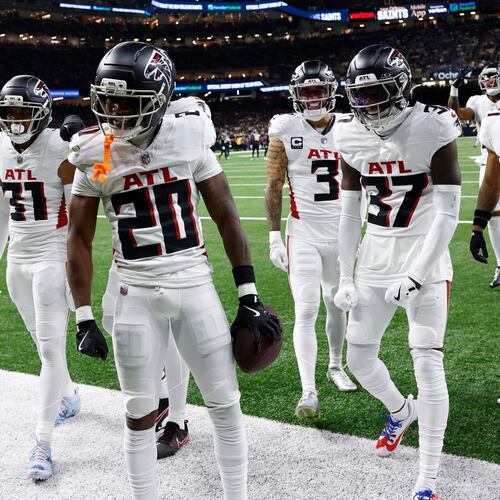 Atlanta Falcons cornerback Dee Alford (20) celebrates after recovering a fumble against the New Orleans Saints in the first half of an NFL football game, Sunday, Nov. 23, 2025, in New Orleans. (AP Photo/Butch Dill)