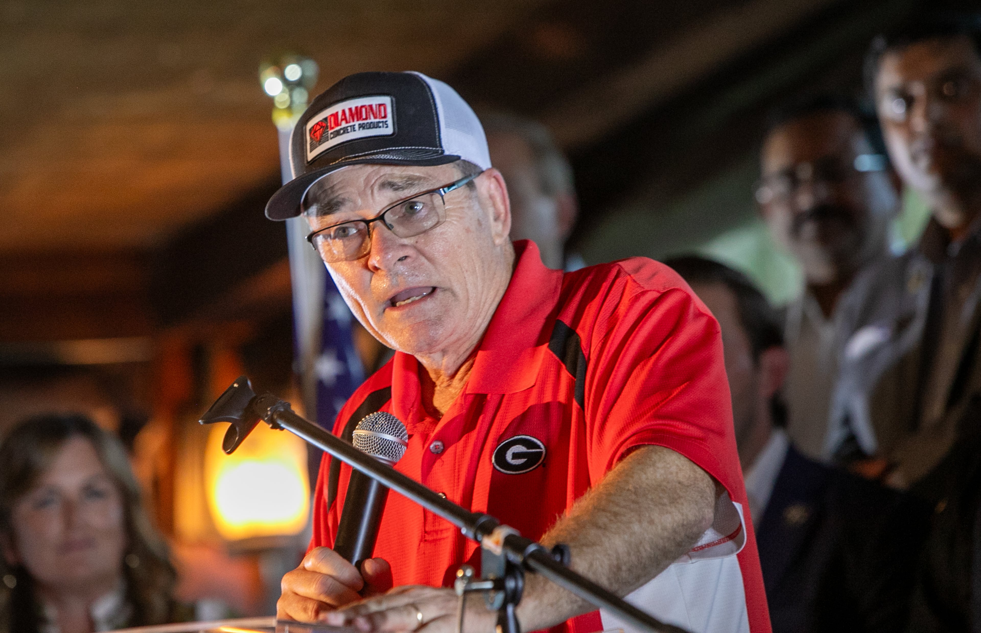 Public Service Commissioner Tim Echols campaigned for reelection at a rally in Cumming earlier this month. (Jenni Girtman for the AJC)