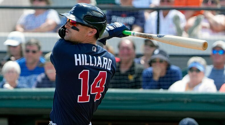 Sam Hilliard of the Braves hits a single against the Detroit Tigers in the first inning of a spring training baseball game, Wednesday, March 22, 2023, in Lakeland, Fla. (AP Photo/John Raoux)