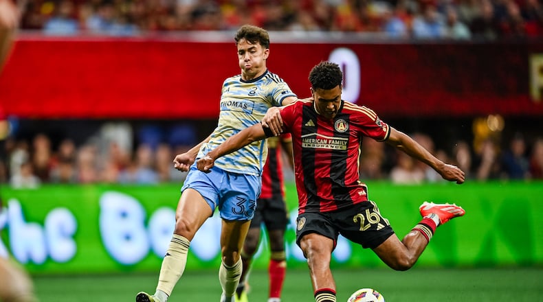 Atlanta United defender Caleb Wiley #26 scores a goal during the match against Philadelphia Union at Mercedes-Benz Stadium in Atlanta, GA on Sunday April 14, 2024. (Photo by Brandon Magnus/Atlanta United)