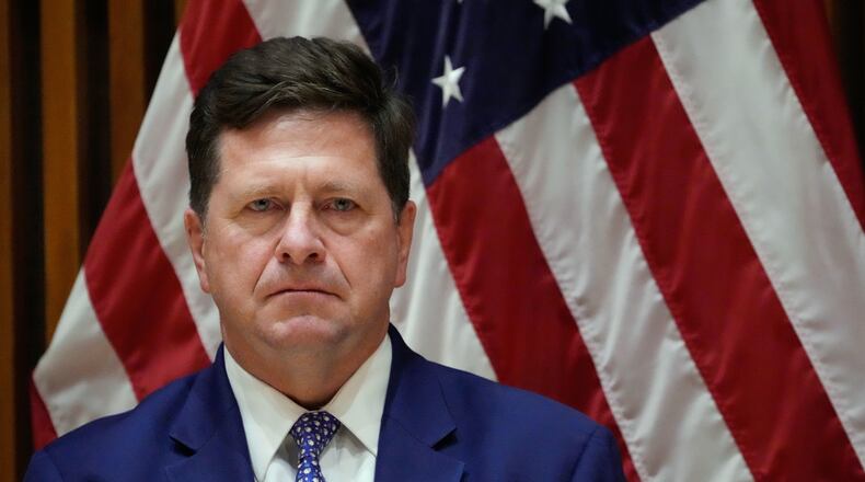 FILE - Jay Clayton, U.S. Attorney for the Southern District of New York, listens during a news conference in New York, March 9, 2026. (AP Photo/Seth Wenig, File)