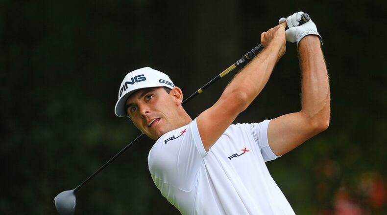 Billy Horschel tees off on the third hole on his way to a par during the final round of the Tour Championship at East Lake Golf Club on Sunday, Sept. 14, 2014, in Atlanta.