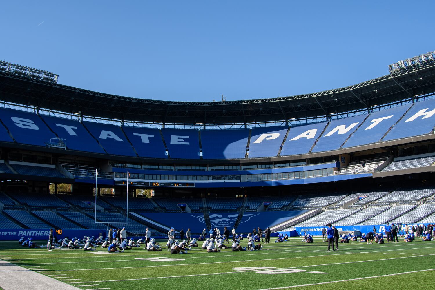 Georgia State holds spring football practice, the first under coach Dell McGee, at Center Parc Credit Union Stadium on Tuesday, March 19, 2024. (Jamie Spaar for the Atlanta Journal Constitution)
