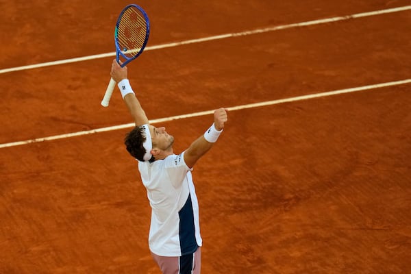 Norway's Casper Ruud reacts after winning the Madrid Open tennis final against Britain's Jack Draper in Madrid, Spain, Sunday, May 4, 2025. (AP Photo/Manu Fernandez)