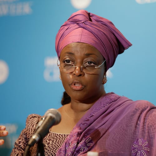 FILE - Former Petroleum Resources Minister Diezani Alison-Madueke answers a question following a speech at the IHS CERAWeek, in Houston, March 4, 2014. (AP Photo/Pat Sullivan, File)