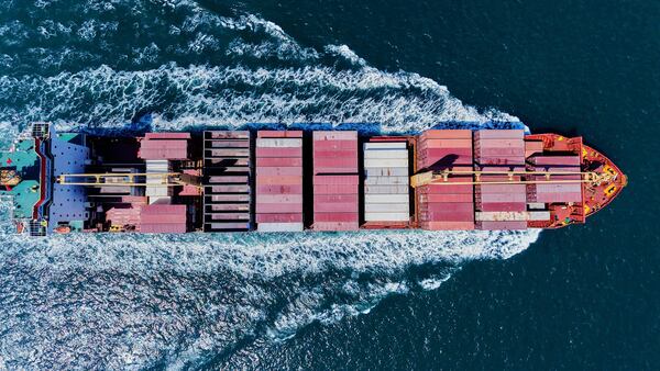 A container ship sails off from a container terminal in Qingdao in eastern China's Shandong province Sunday, April 6, 2025. (Chinatopix Via AP)