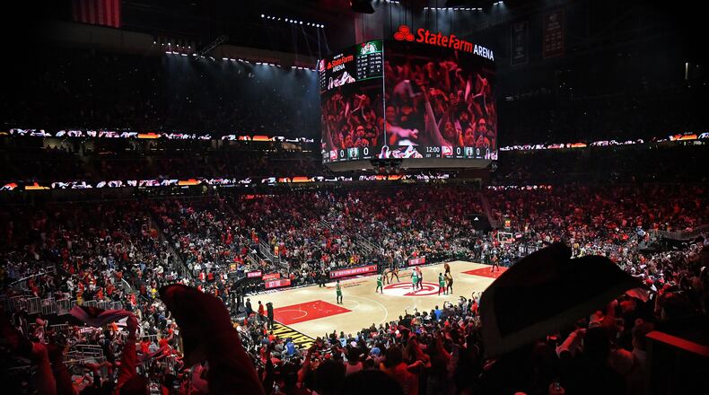 Fans cheer before Game 6 of the first round of the Eastern Conference playoffs at State Farm Arena, on April 27, 2023, in Atlanta. (Hyosub Shin/The Atlanta Journal-Constitution/TNS)