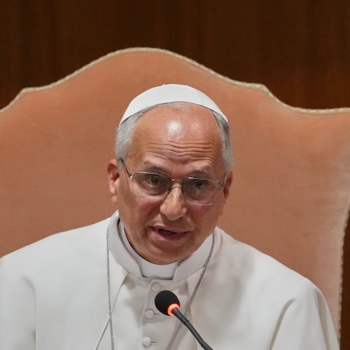 Pope Leo XIV speaks during the presentation of his first encyclical, "Magnifica humanitas: On Safeguarding the Human Person in the Time of Artificial Intelligence," at the Vatican, Monday, May 25, 2026. (AP Photo/Alessandra Tarantino)