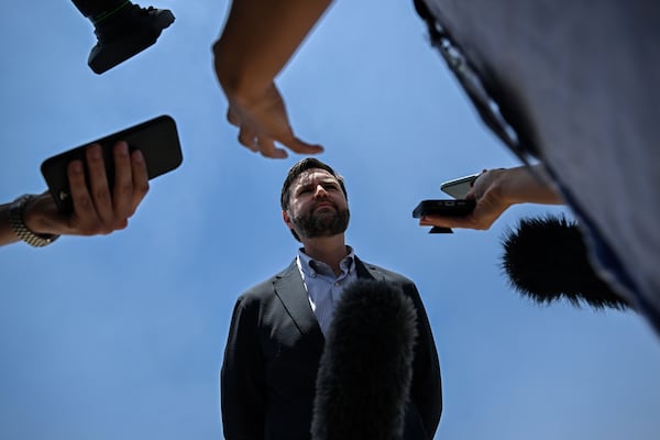 U.S. Vice President JD Vance speaks to media as he departs Agra, India en route to Jaipur, India after visiting the Taj Mahal on Wednesday, April 23, 2025, in Agra, India. (Kenny Holston/The New York Times via AP, Pool)