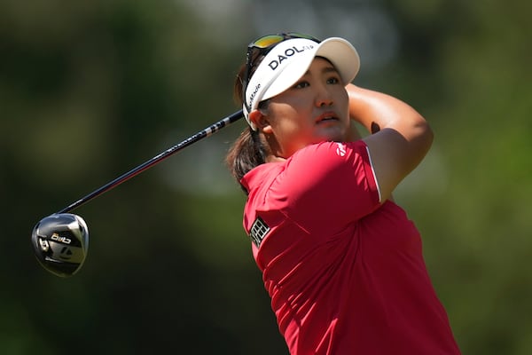 Haeran Ryu, of South Korea, hits from the second tee during the third round of the Chevron Championship LPGA golf tournament Saturday, April 26, 2025, in The Woodlands, Texas. (AP Photo/Eric Gay)