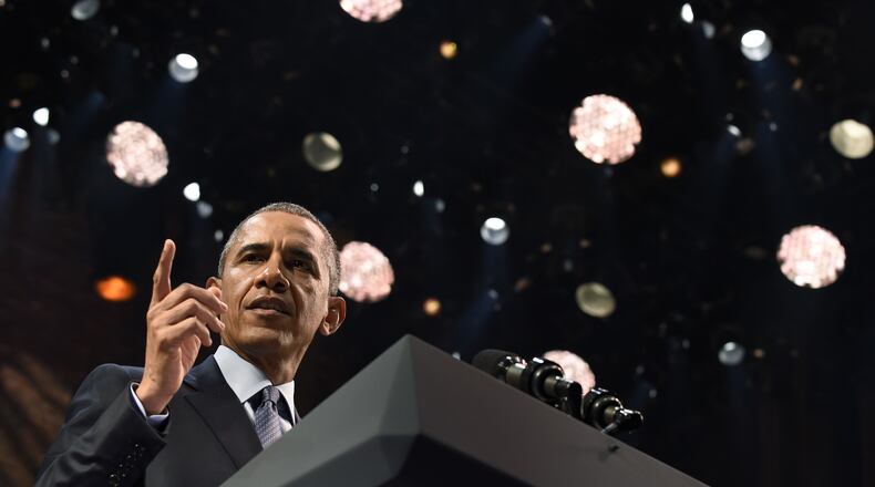 President Barack Obama speaks at the Richard Rodgers Theatre in New York on Monday at a Democratic National Committee fundraiser. AP/Susan Walsh