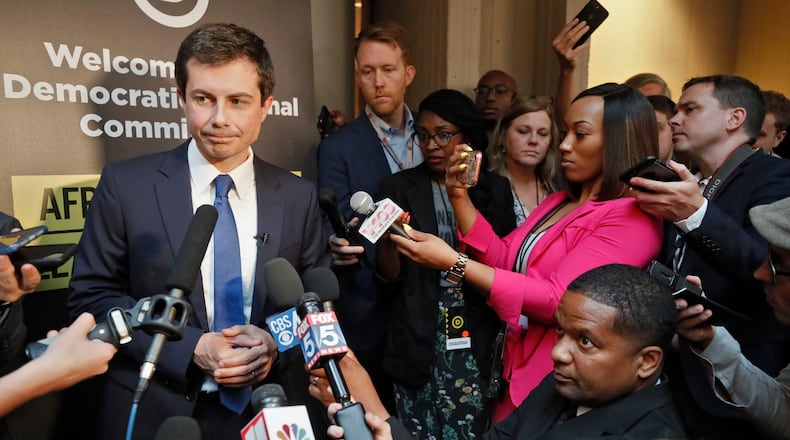 South Bend, Ind., Mayor Pete Buttigieg holds a press conference during a recent visit to Atlanta. Bob Andres, bandres@ajc.com
