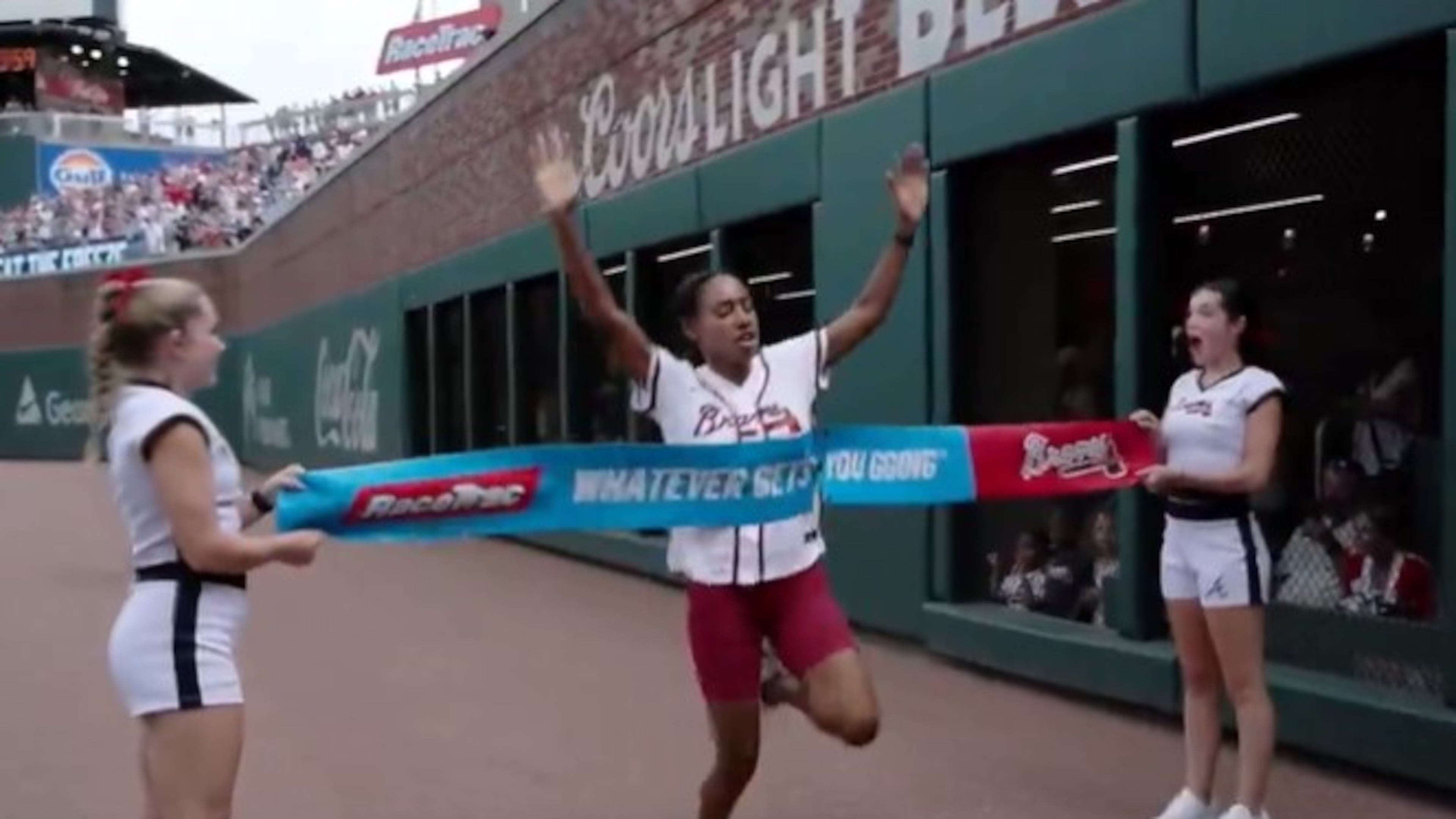 Cobb County police Detective Ameerah Hardy-Dozier beat The Freeze on Sunday at Truist Park. (Courtesy of the Atlanta Braves)