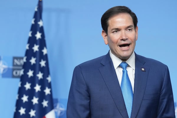 U.S. Secretary of State Marco Rubio makes statements during his meeting with NATO Secretary General Mark Rutte on the sidelines of a NATO foreign ministers meeting at NATO headquarters in Brussels, Thursday, April 3, 2025. (AP Photo/Jacquelyn Martin, Pool)