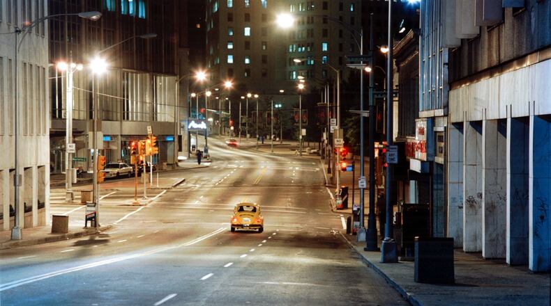 Five Points at Marietta and Peachtree streets looking north at about midnight in April 1992.